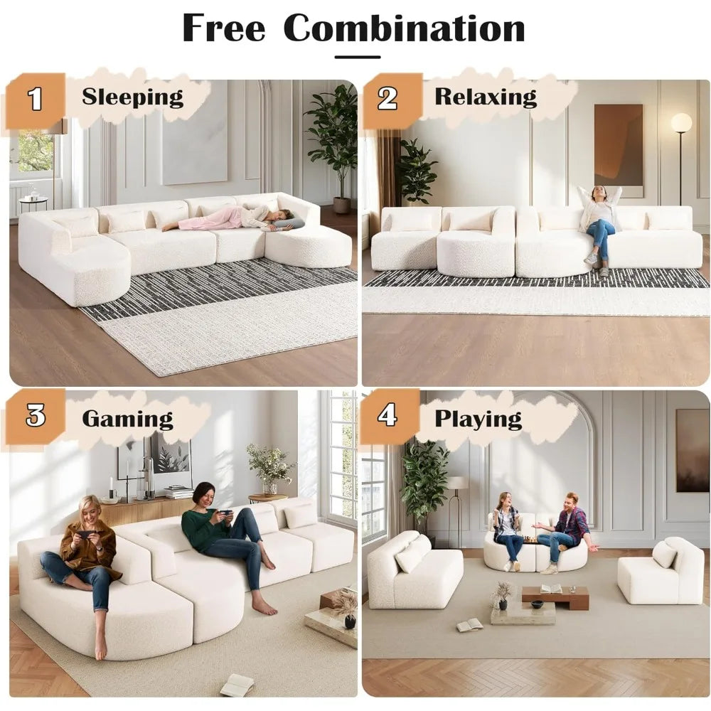 144" Upholstered Sofa, Deep Seat Modern Modular Sofa with 2 Movable Chaise Lounge & 5 Pillows, Free-Combined Couch for Living Ro