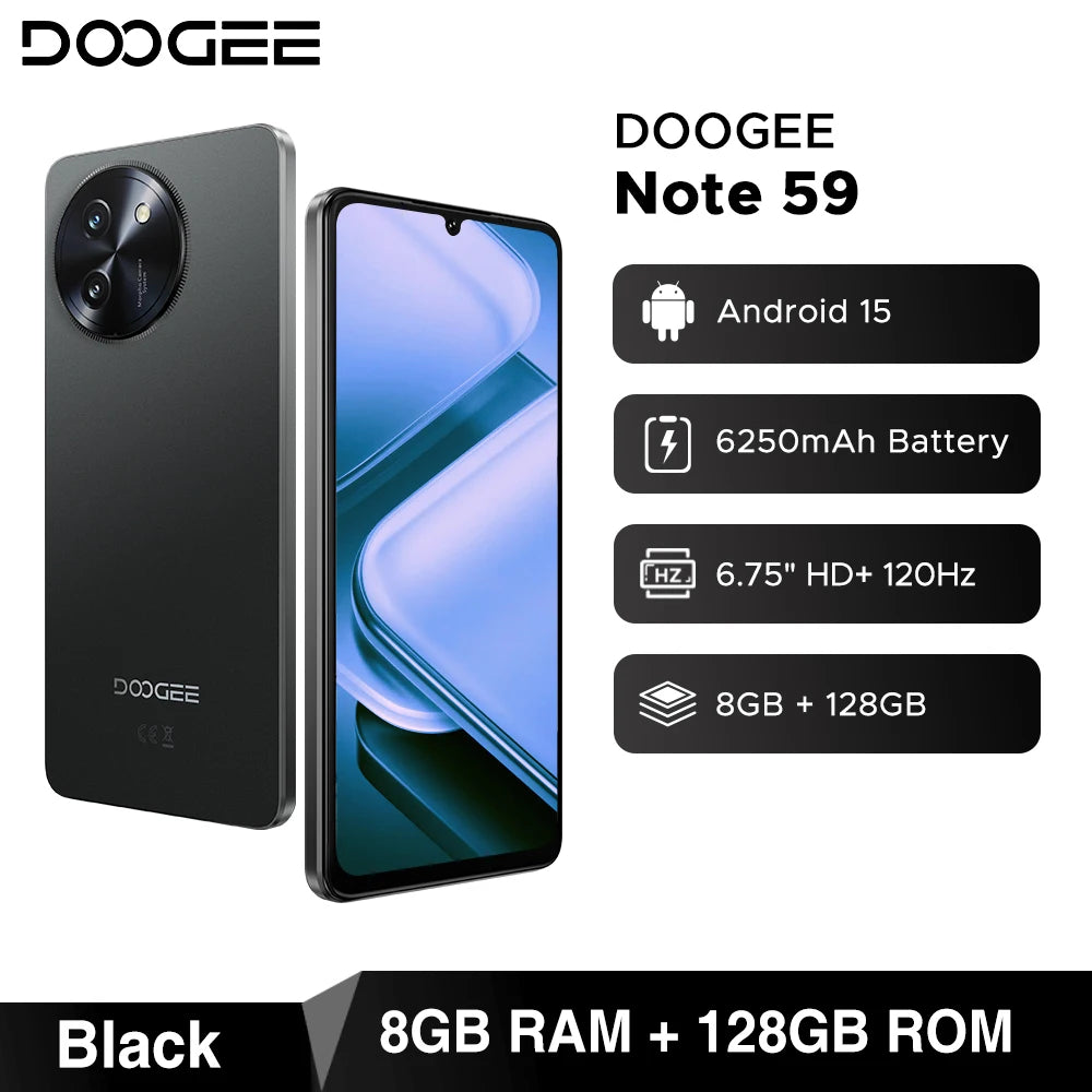 Global Version DOOGEE Note 59 5G 32GB(8+24) 128GB 6.75" 120Hz 6250mAh Large Battery UNISOC T8200 Octa Core Android 15 NFC