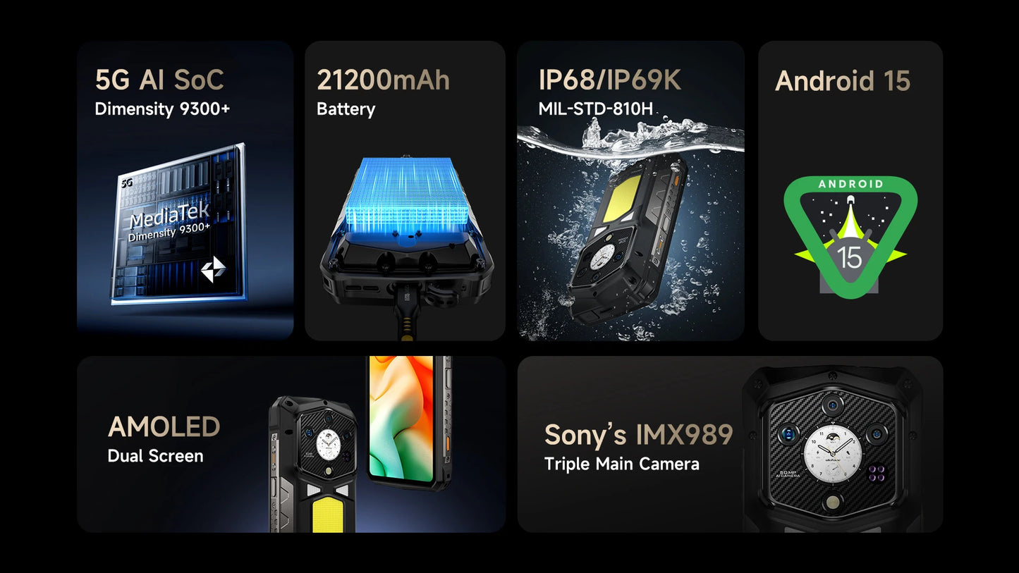 【2025 New】Ulefone Armor 29 Ultra 5G Rugged Phone Smartphone Android 15 32GB+1TB 21200mAh 120W Flash Charging Dual Screen NFC