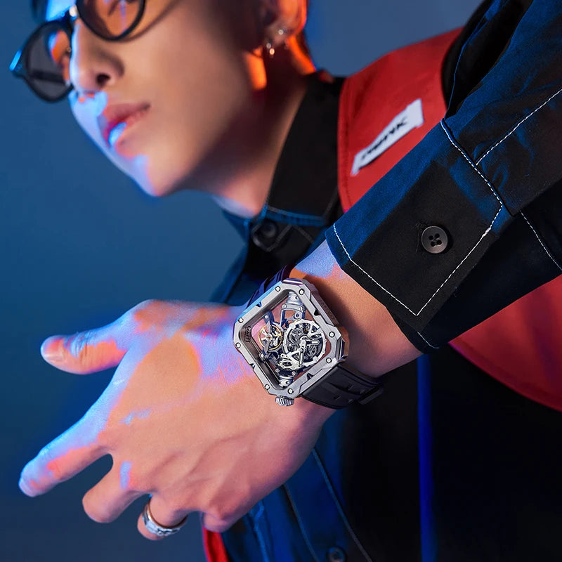 BONEST GATTI Men Automatic Watch 42mm Square Men Mechanical Wristwatch Sapphire Luminous Skeleton Dial Fluororubber Strap 2025