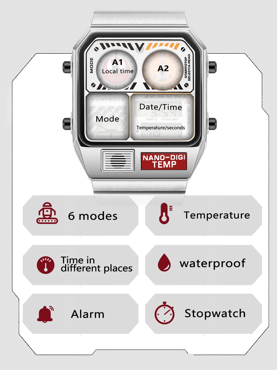 HUMPBUCK Digital Watches for Men Classic Themes Multifunctional Wristwatch with Temperature Stopwatch Dual Time and Calendar