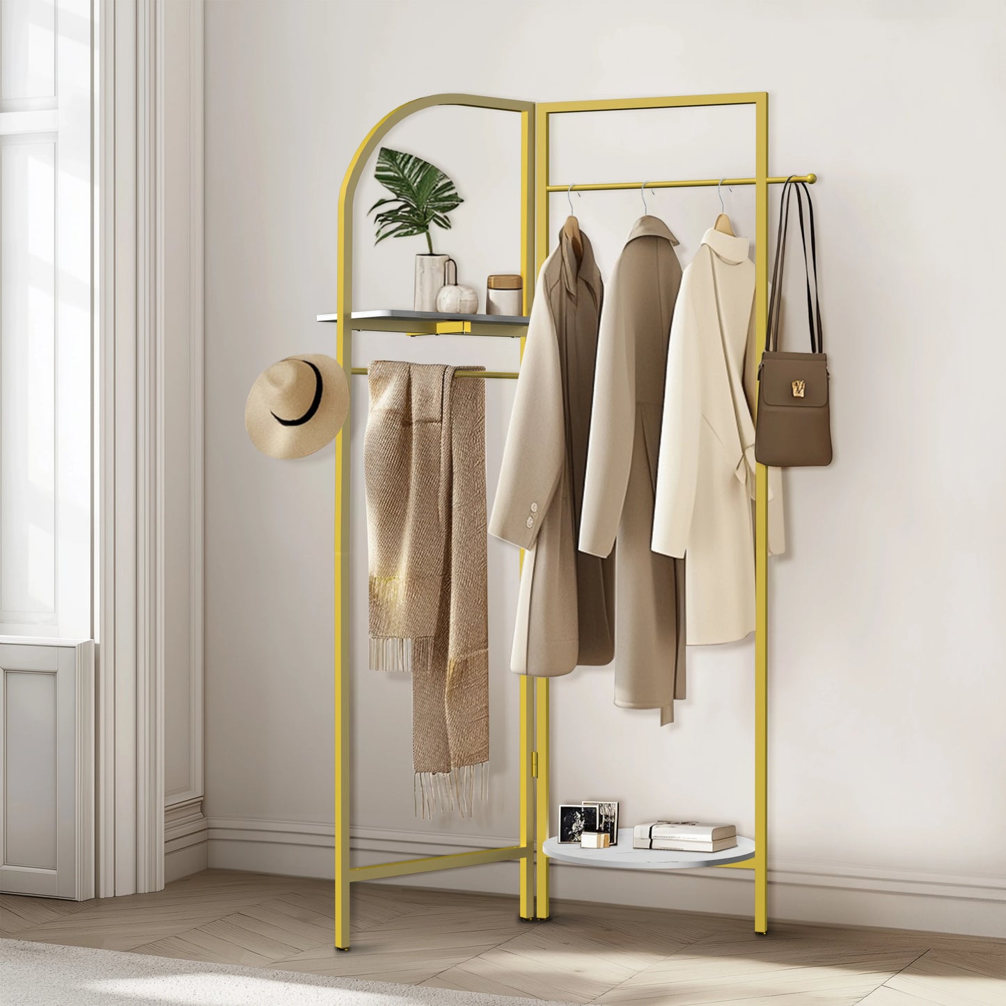 Wisfor Corner Gold Metal Clothing Racks,Heavy Duty Freestanding Clothes Racks Coat Rack for Hallway Entryway, Garment racks