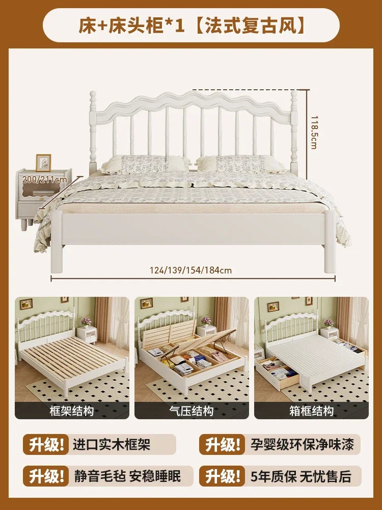 French Solid Wood Bed White Cream Wind Princess Fashion Design Bed Aesthetics Square Modern Sleeping Muebles Lounge Furniture