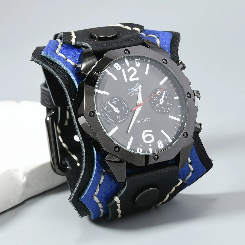 Punk Vintage Men's Multi Layer Hand Stitched Cowhide Leather Strap Large Dial Watch