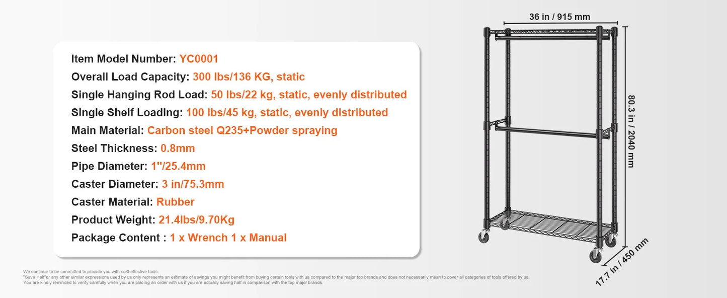 SucceBuy Clothing Garment Rack Heavy Duty Clothes Rack Adjustable Length Clothes Rack w/ Bottom Shelf & Wheels for Laundry Room