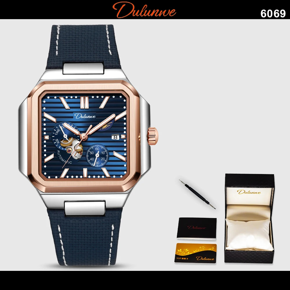 Dulunwe Fashion Men's Watch Automatic Mechanical Multi-function Small Dial Square Design 30M Waterproof Top Brand Wristwatches