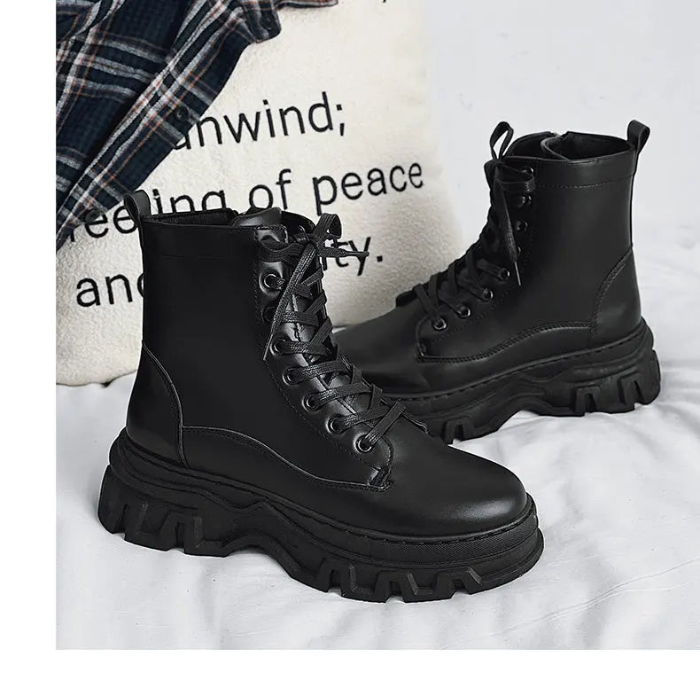 Leather England Black Men's Biker Boot Fashion Young Waterproof Trendy Boots Man Autumn Winter High Top Classic Basic Shoes