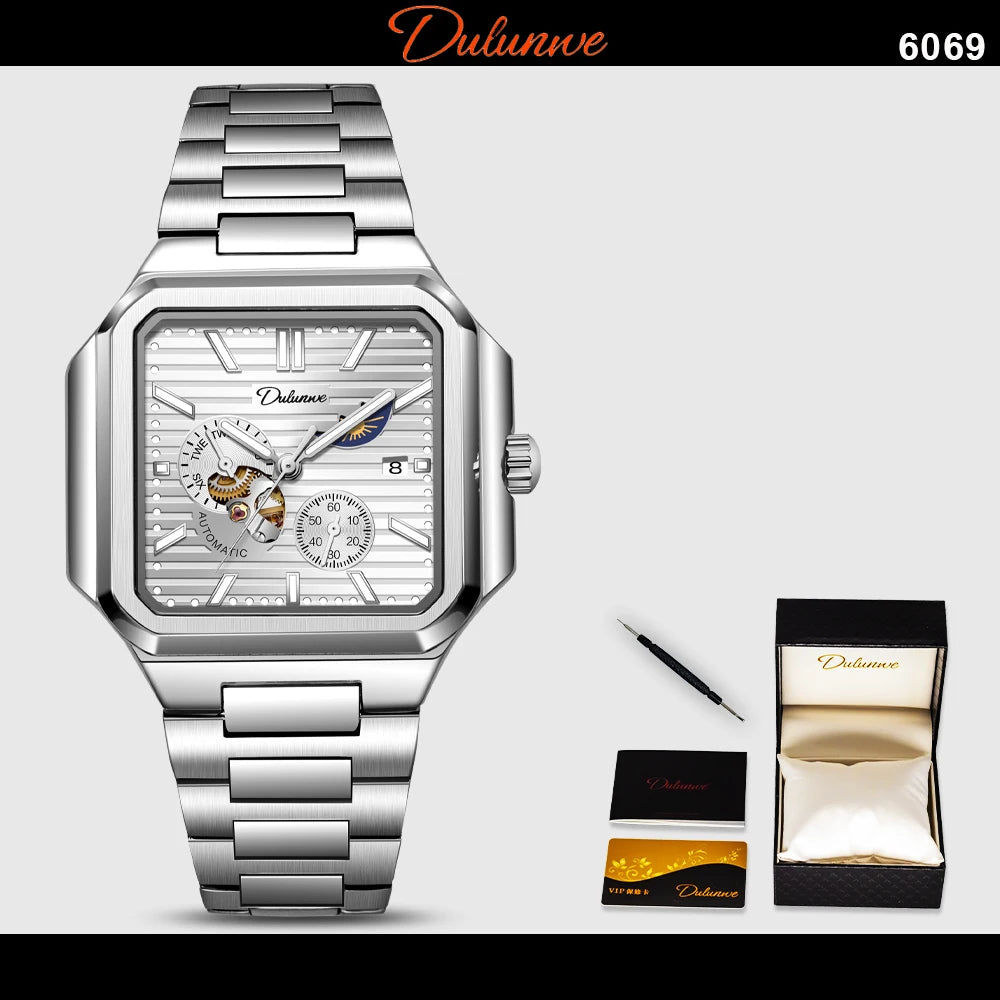Dulunwe Fashion Men's Watch Automatic Mechanical Multi-function Small Dial Square Design 30M Waterproof Top Brand Wristwatches