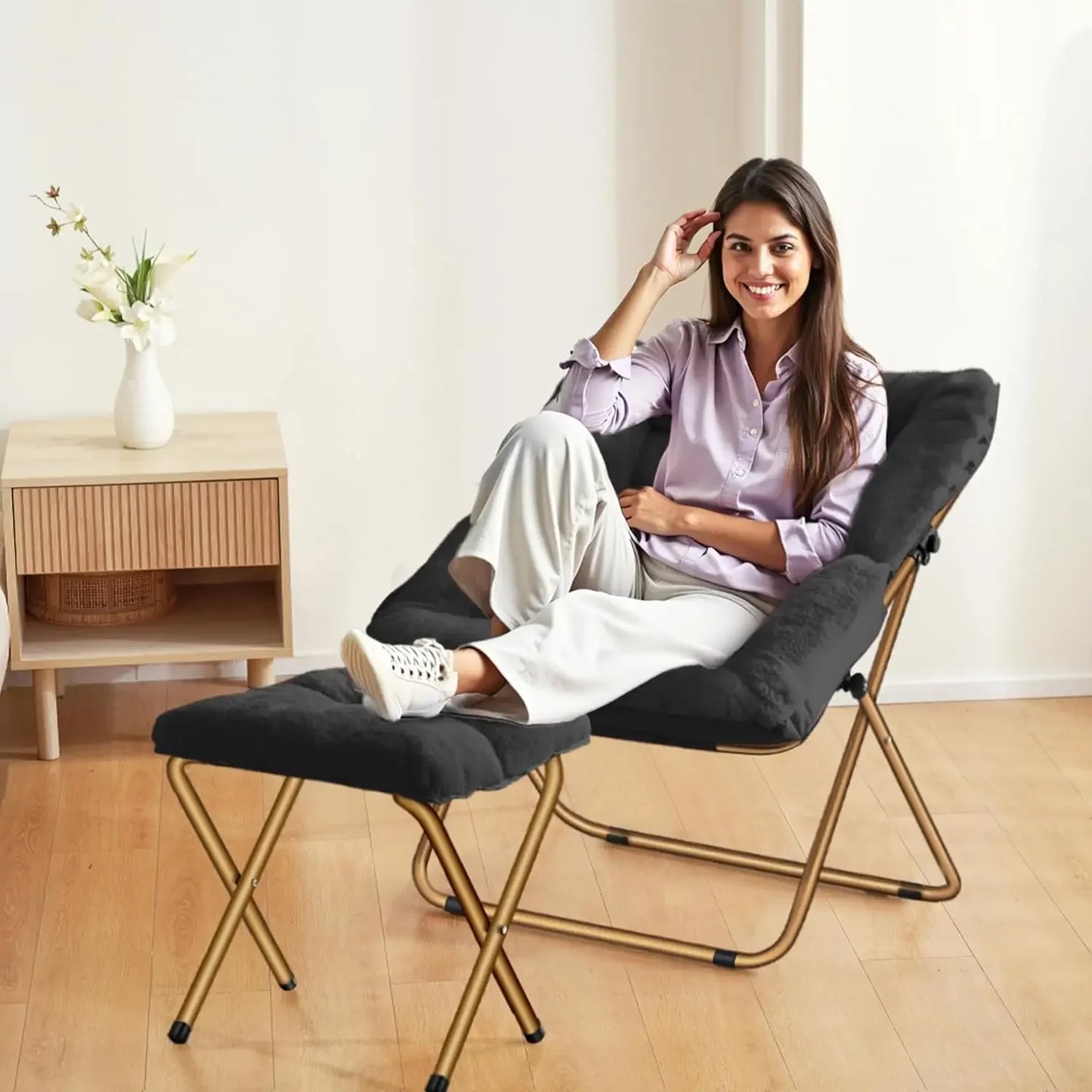 Saucer Chair, Foldable Living Room Chairs, Soft Faux Fur Lounge Chair for Bedroom, Reading Chairs for Adults, Kids