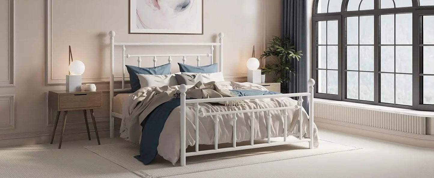 14'' Full Size Metal Platform Bed Frame/Victorian Headboard and Footboard/Steel Slats Mattress Foundation for Storage