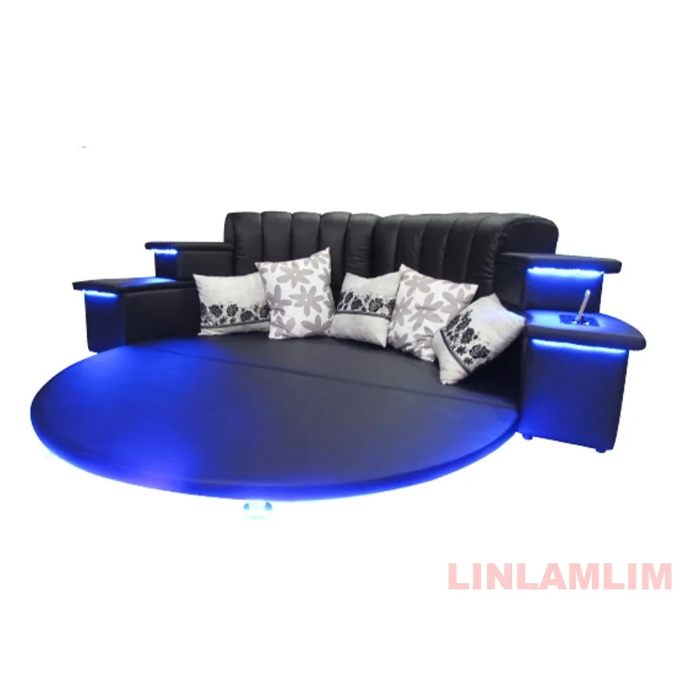 MINGDIBAO Nordic Genuine Leather multifunctional round Bed Frame with LED Light Bluetooth Speaker iPhone Charge USB Ultimate Bed