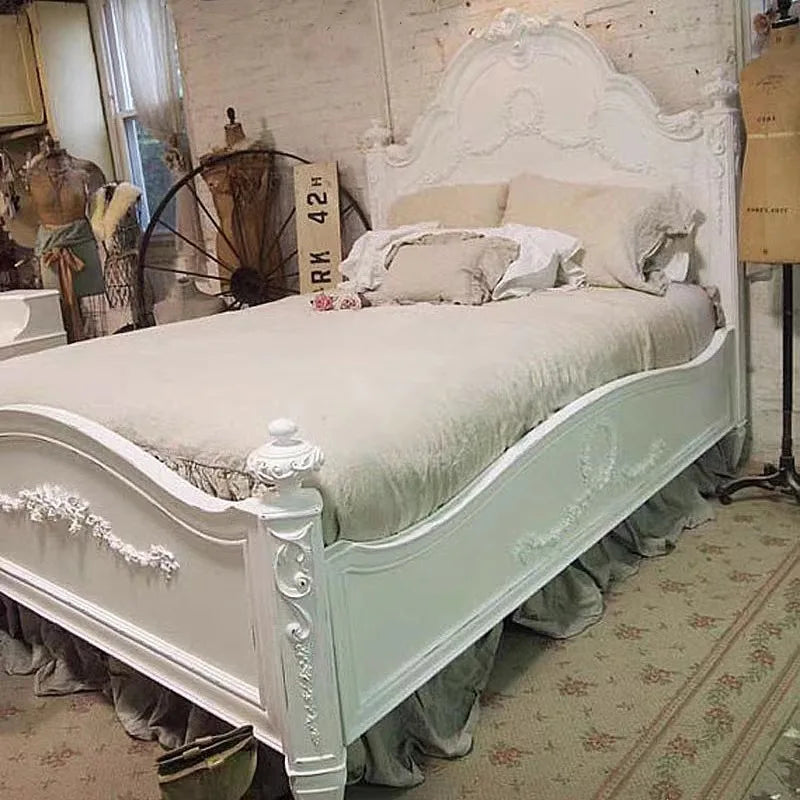 American Retro Solid Wood Carved White Double Bed American Country Princess Bed