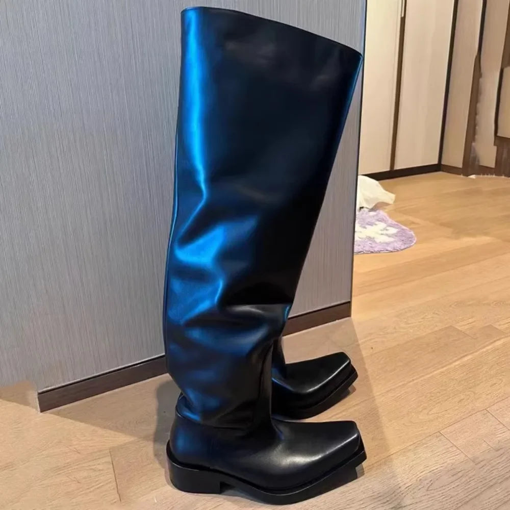 Black Riding Boots for Women Men Square Toe Chunky Platform Over The Knee High Boots Pleated Loose Tube Long Boots Slip On