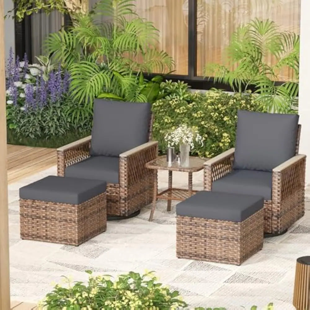 5 Pieces Patio Furniture Set, Outdoor Swivel Glide Chair with Ottomans and Side Table with Water-Resistant Cushions & High Back
