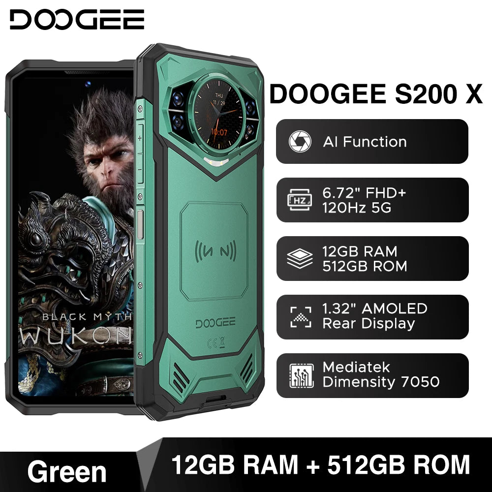 Global Version DOOGEE S200 X 5G Rugged Phone 32GB 512GB 6.72" FHD+ 120Hz Display MTK Dimensity 7050 10100mAh Large battery