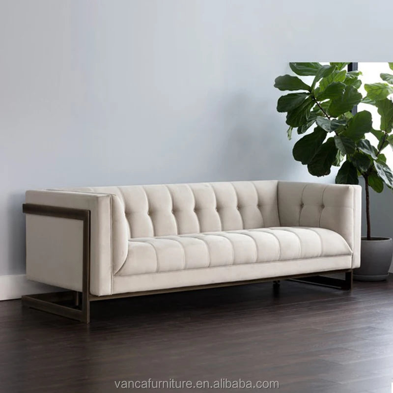 European Style modern Grey Velvet Hotel Living room U shape Sofa 2 seater with gold frame