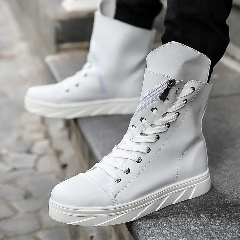 Fashion Pleated Leather Mens Casual Shoes Spring Autumn New High Top Men Boots Ankle Mens Boots Zipper Casual Footwear white