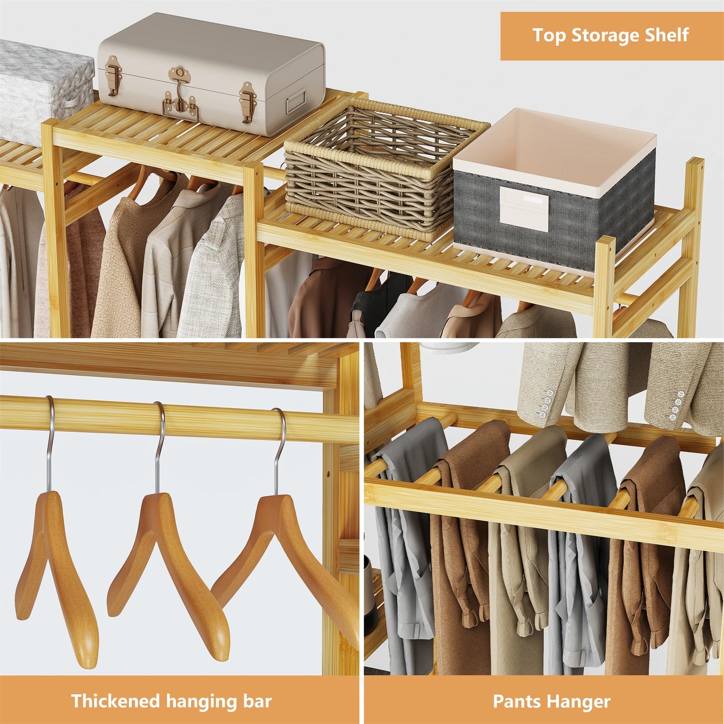 196cm Tall Bamboo Garment Rack Freestanding Clothing Stand Hanging Rod with Shelves Open Wardrobe Organizer for Bedroom Closet