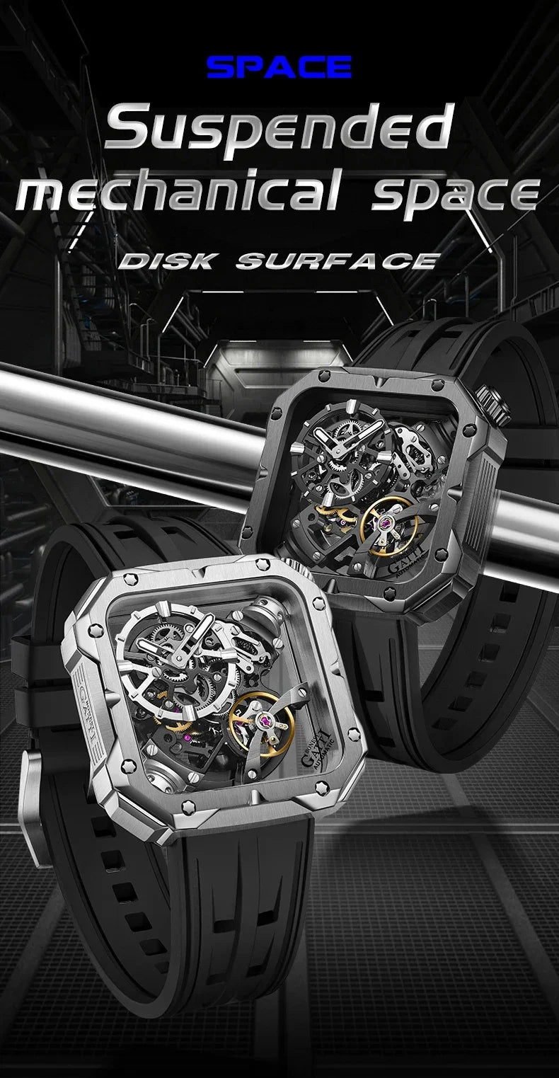BONEST GATTI Men Automatic Watch 42mm Square Men Mechanical Wristwatch Sapphire Luminous Skeleton Dial Fluororubber Strap 2025