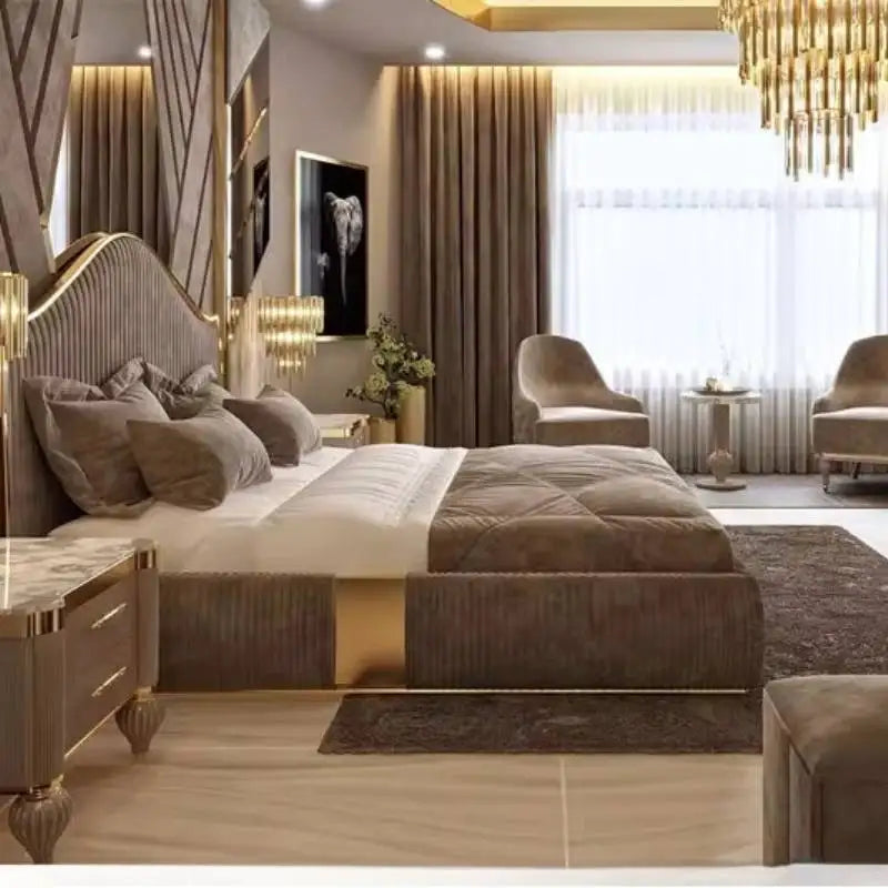 Unique Minimalist Double Bed Decoration Brown Pliable Wooden Double Bed Frame King Size Modern Cama Matrimonial Furniture Home