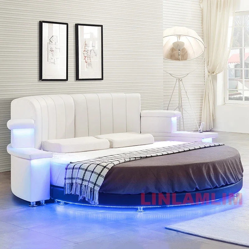 MINGDIBAO Nordic Genuine Leather multifunctional round Bed Frame with LED Light Bluetooth Speaker iPhone Charge USB Ultimate Bed