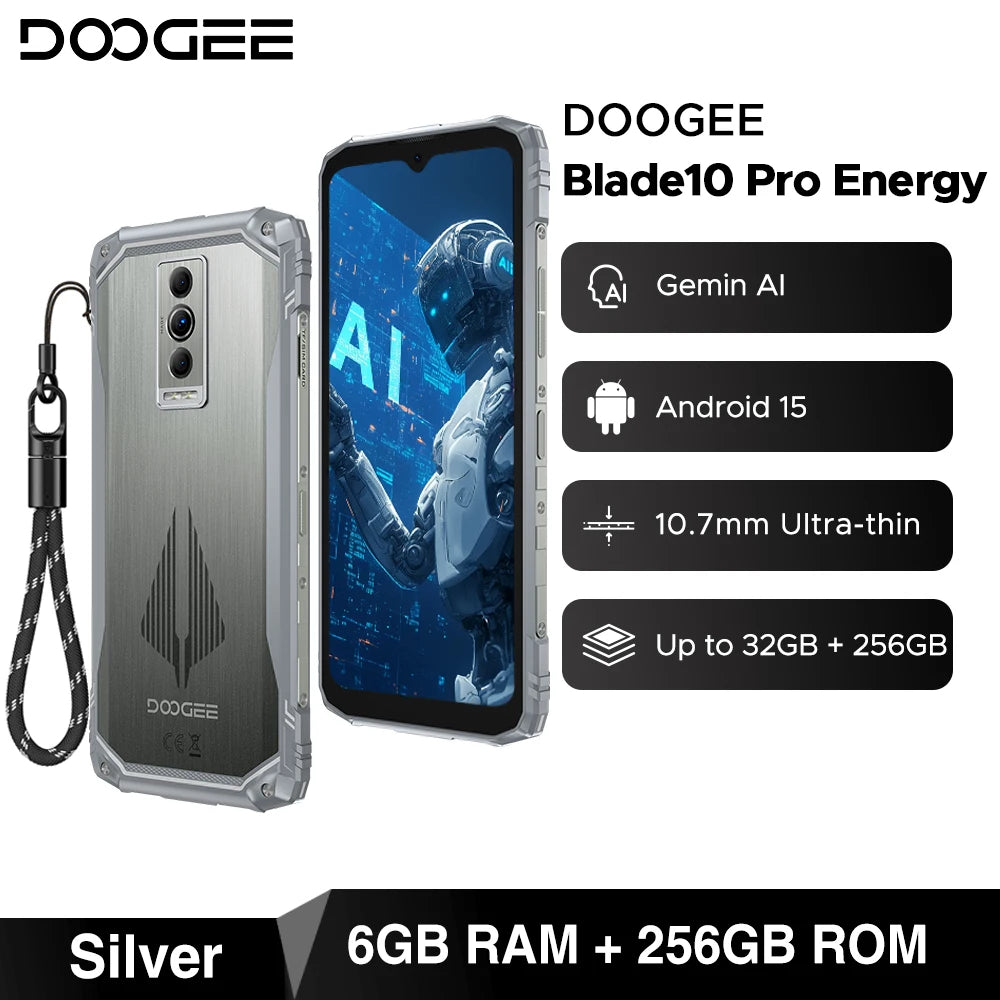 Global Version DOOGEE Blade10 Pro Energy Rugged Phone Gemini AI Android 15 Ultra-thin 6.56'' Screen 6150mAh Battery Smartphone