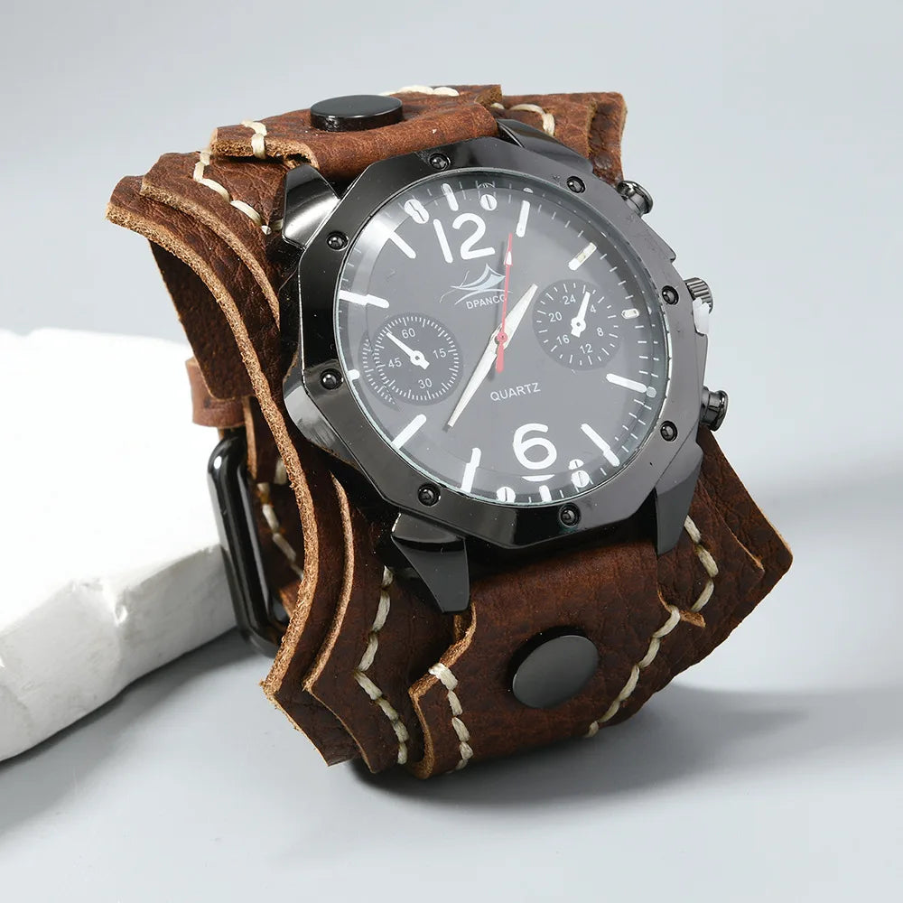 Punk Vintage Men's Multi Layer Hand Stitched Cowhide Leather Strap Large Dial Watch