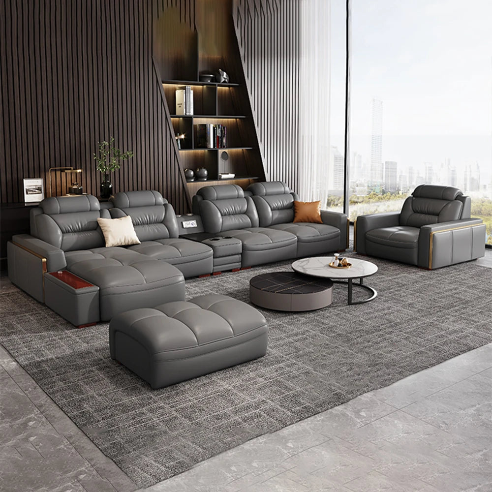 Linlamlim Modern Genuine Leather Sectional Sofa Set with Chaise Lounge– Upholstered Modular Couch with USB and Bluetooth Speaker