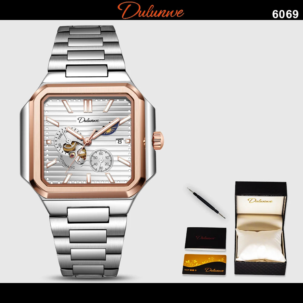 Dulunwe Fashion Men's Watch Automatic Mechanical Multi-function Small Dial Square Design 30M Waterproof Top Brand Wristwatches