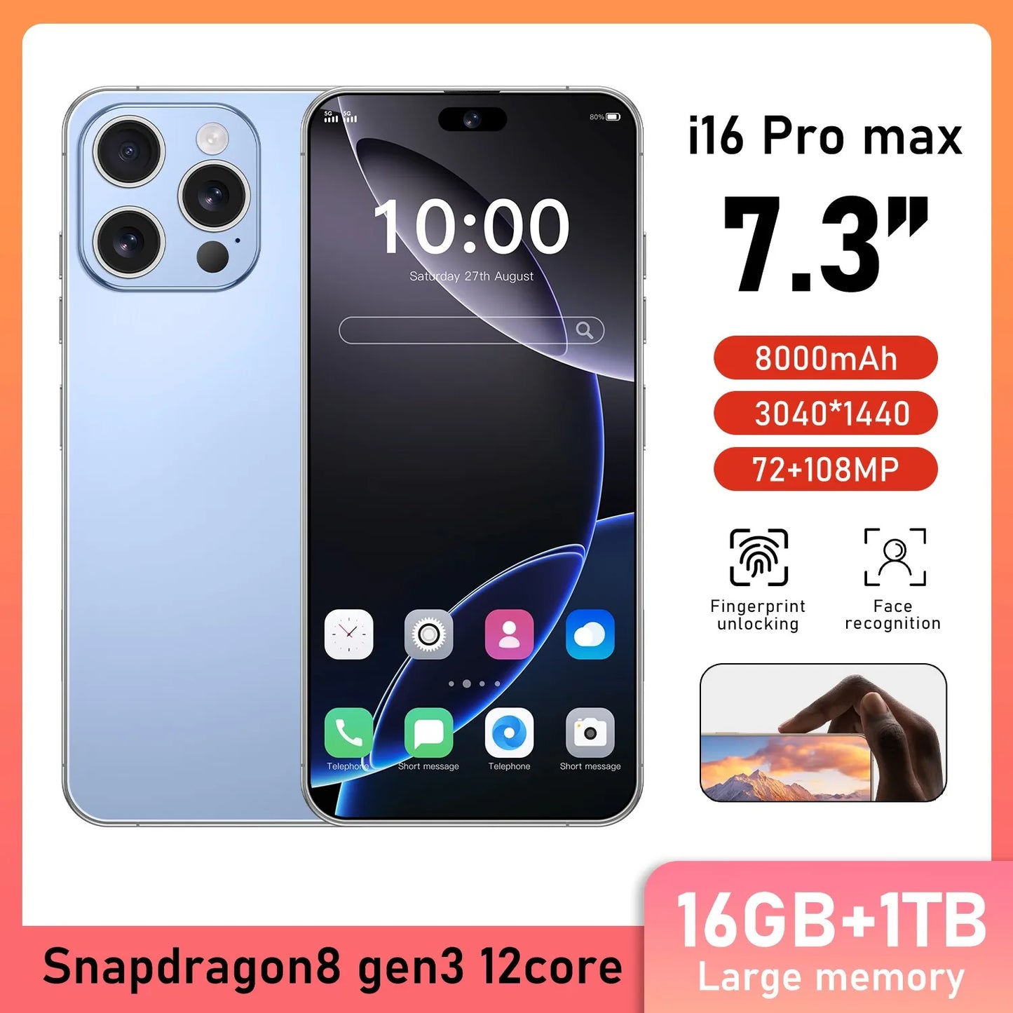New i16 Pro Max original intelligent 5G dual card dual standby Android 14 system global version phones 8000mAh battery