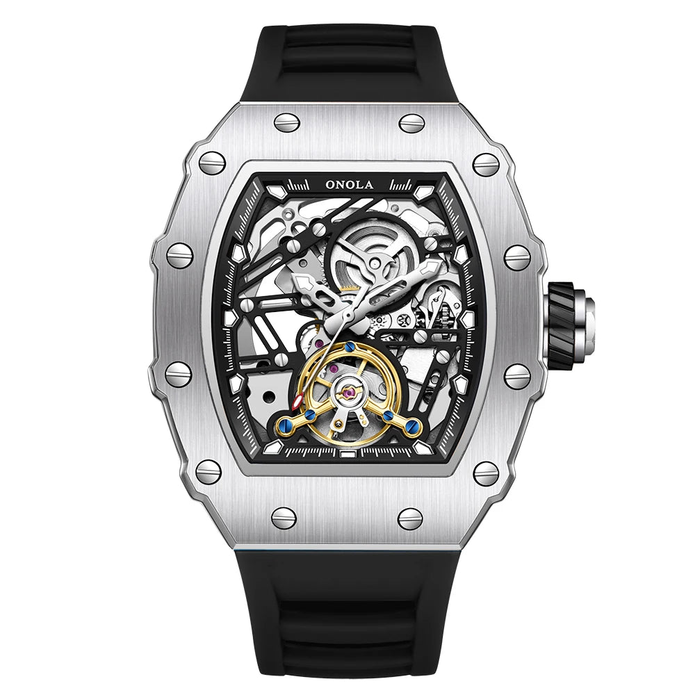ONOLA 3854 Luxury Automatic Mechanical Silicone Watch Tourbillon Hollow Skeleton Men's Watches reloj automático de hombre