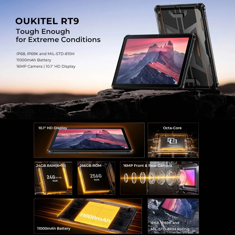 OUKITEL RT9 Rugged Tablet 6GB+256GB 10.1" HD Display Android 14 Unisoc T606 Octa-Core Support Dual SIM 11000mAh IP68 Tablet PC