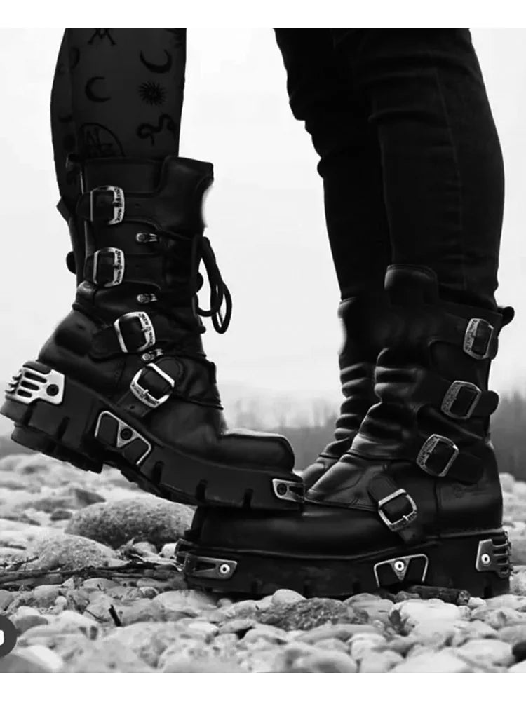 Men's Fashion Genuine Leather Motorcycle Boots Gothic Skull Punk Boots Design Rock Women Mid-calf Boots Metallic Combat Boot48