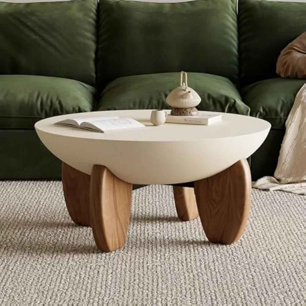For Round Concrete Coffee Table with Premium Walnut Ash Wood Legs, Modern Minimalist Cement Finish Center Table for Living Room