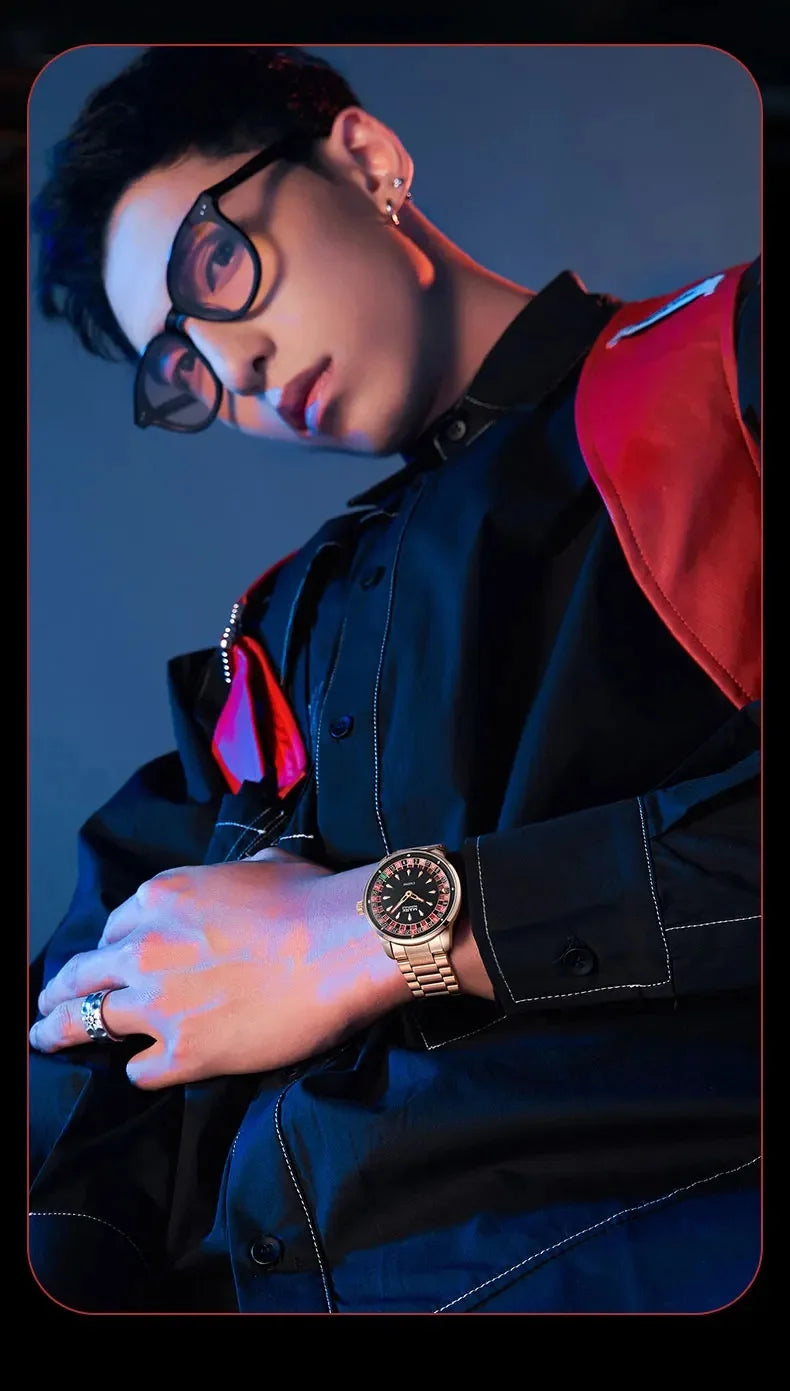 Mark Fairwhale 2025 New Top Brand Men Quartz Watch Arabic numerals Rotating Dial Roulette Automatic Watch Diamond Luminous Hand