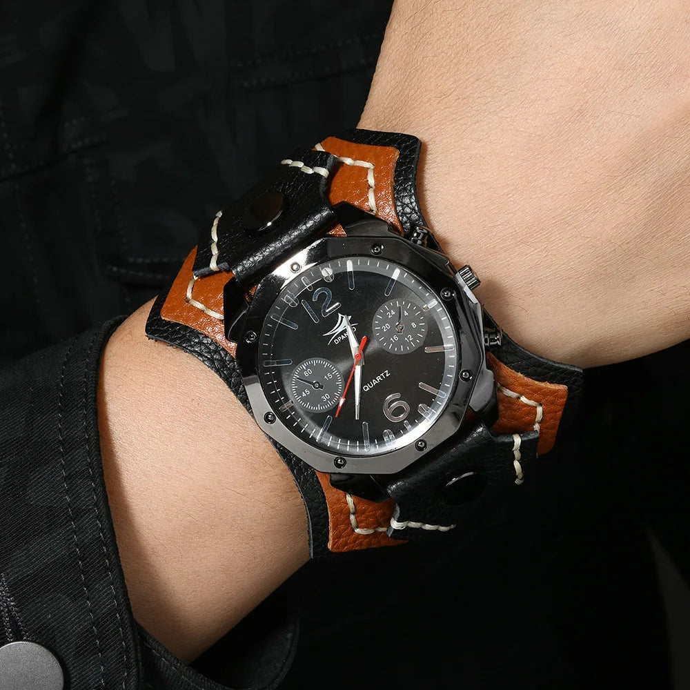 Punk Vintage Men's Multi Layer Hand Stitched Cowhide Leather Strap Large Dial Watch