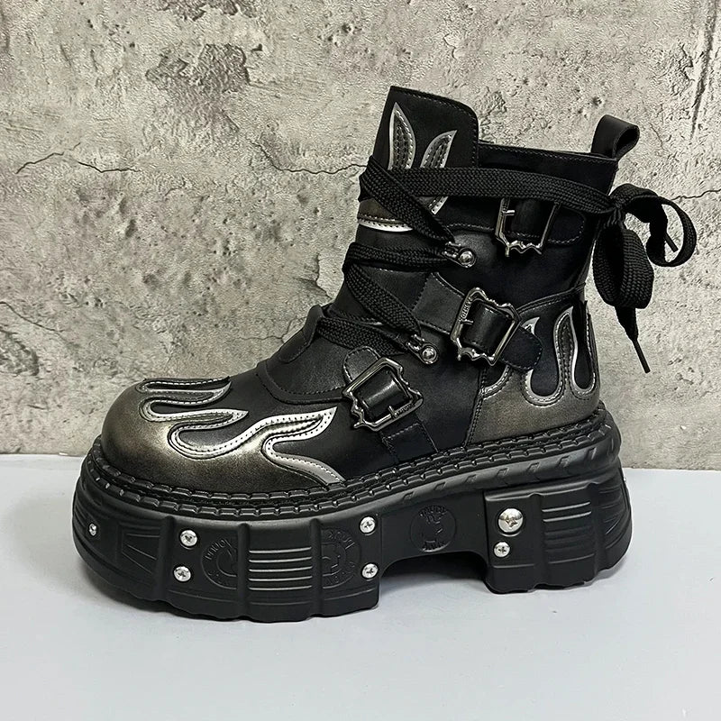 Men's 2024 Winter New Thick-soled Inner Heightening Fashion Fried Street Personality High-top Leather Boots