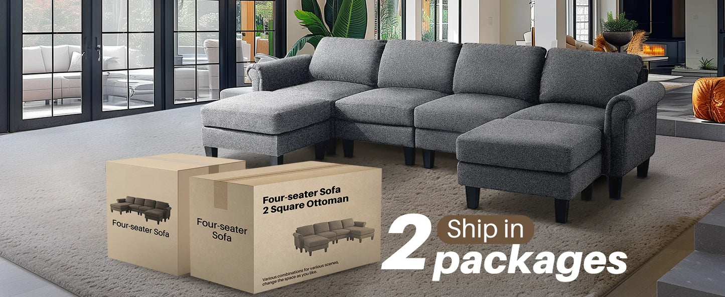 Redlife 108" Sectional Sofa w/ Chaise Living Room Sofa Convertible 4 Seat L-Shape Sofa Set Fabric Sectional Couch w/ Two Ottoman