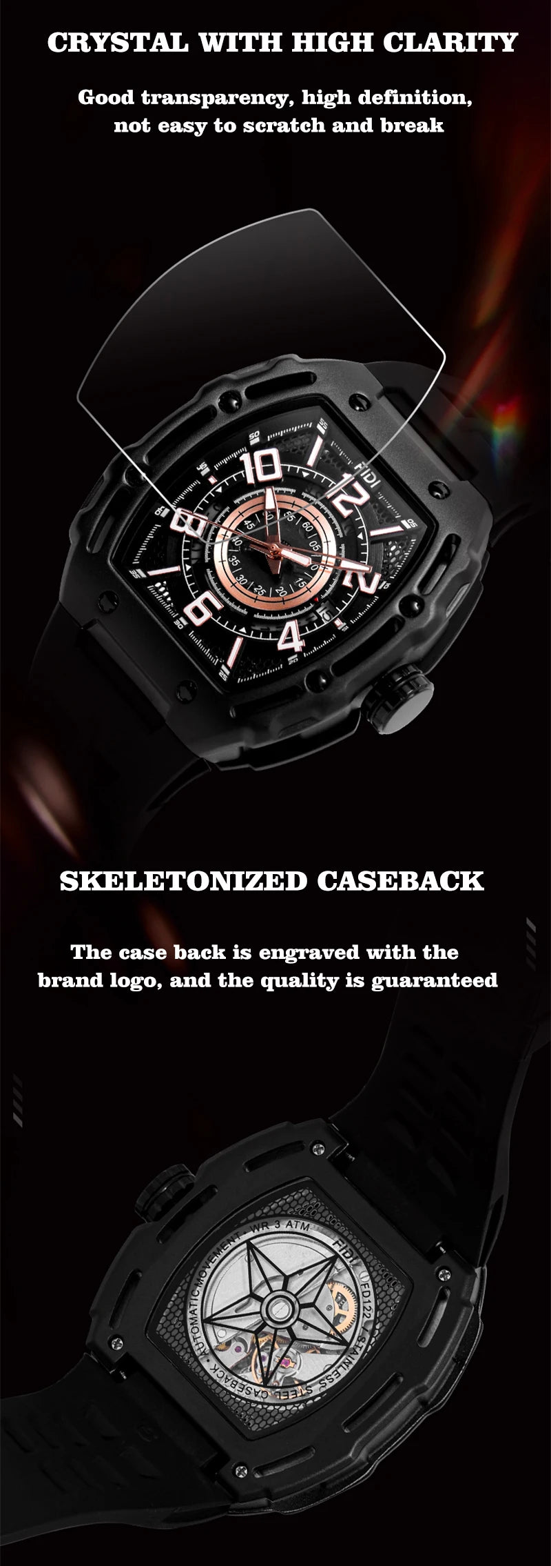FIDI Luxury Men's Mechanical Watch Hollow Dial Tourbillon Square Case Fashionable Business Sport Waterproof Automatic Watches