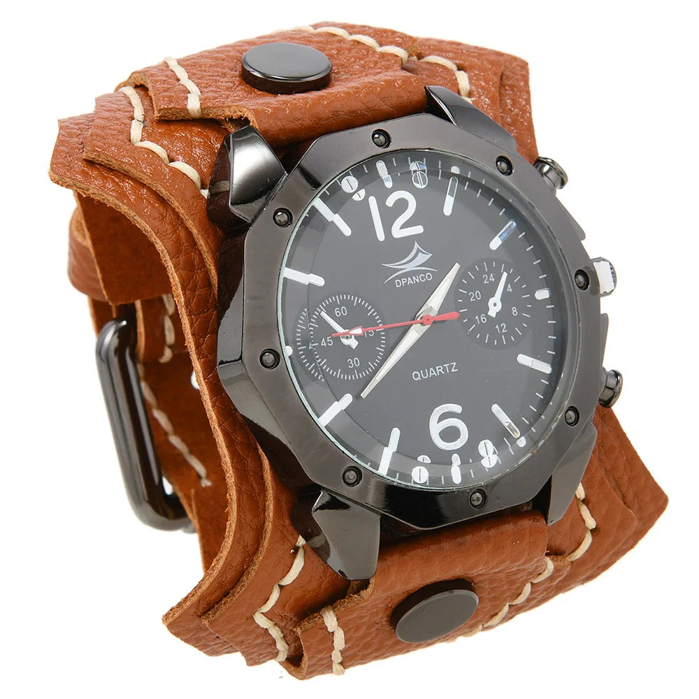 Punk Vintage Men's Multi Layer Hand Stitched Cowhide Leather Strap Large Dial Watch