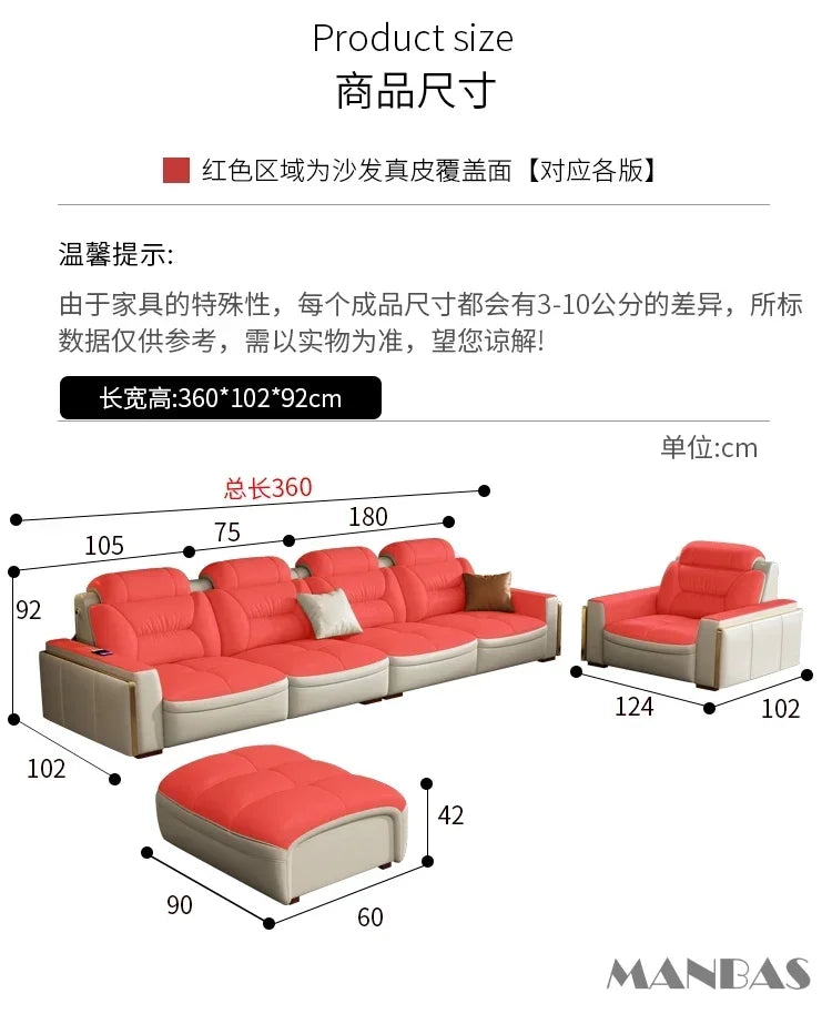 Linlamlim Modern Genuine Leather Sectional Sofa Set with Chaise Lounge– Upholstered Modular Couch with USB and Bluetooth Speaker