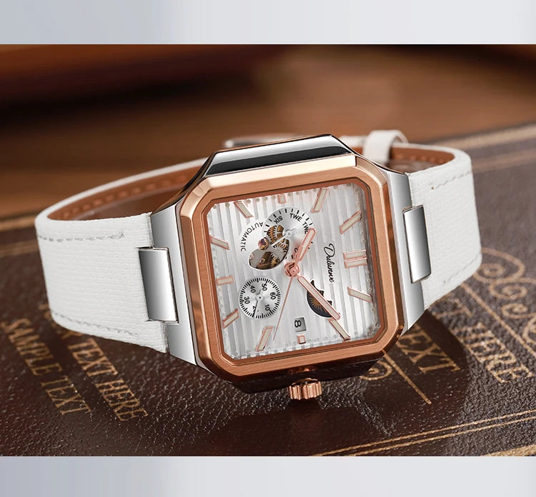 Dulunwe Fashion Men's Watch Automatic Mechanical Multi-function Small Dial Square Design 30M Waterproof Top Brand Wristwatches