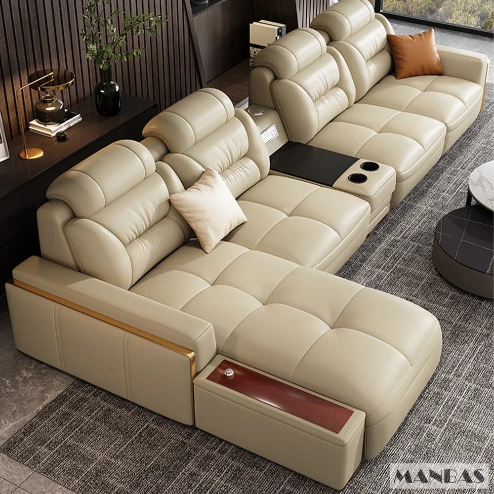 Linlamlim Modern Genuine Leather Sectional Sofa Set with Chaise Lounge– Upholstered Modular Couch with USB and Bluetooth Speaker