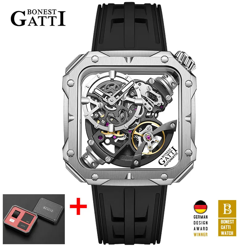 BONEST GATTI Men Automatic Watch 42mm Square Men Mechanical Wristwatch Sapphire Luminous Skeleton Dial Fluororubber Strap 2025