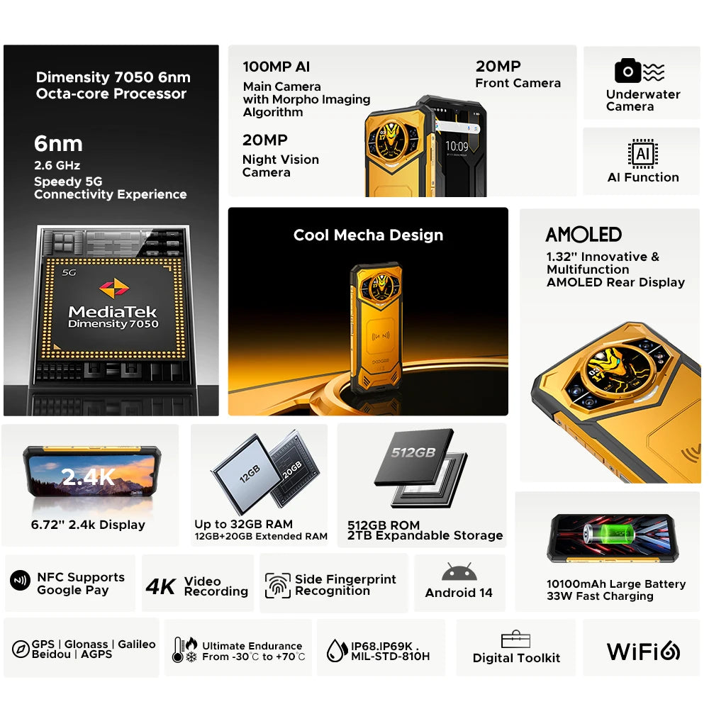 Global Version DOOGEE S200 X 5G Rugged Phone 32GB 512GB 6.72" FHD+ 120Hz Display MTK Dimensity 7050 10100mAh Large battery