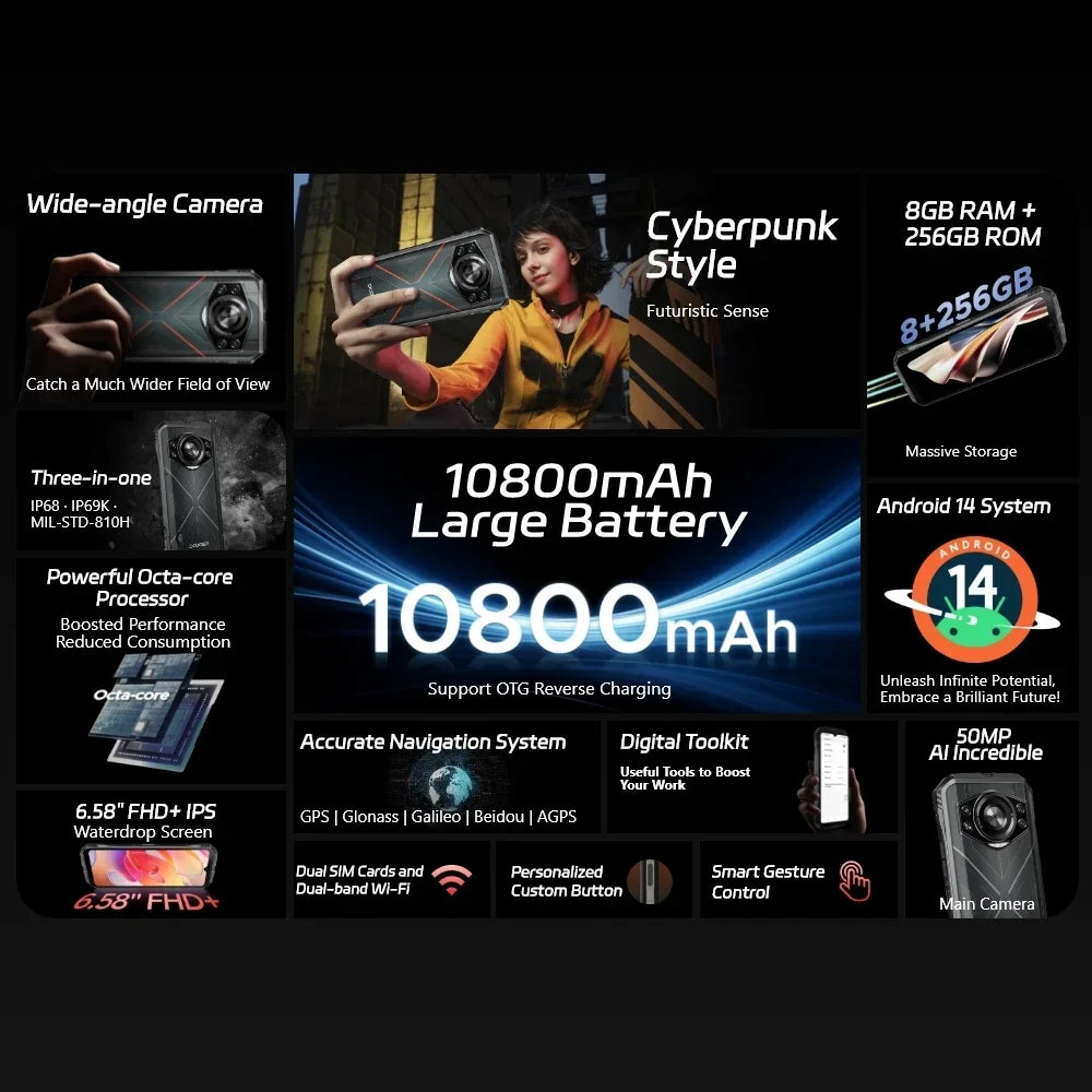 DOOGEE S Cyber Rugged Phone 6.58" 90Hz IPS Screen 10800mAh Large Battery 8GB+256GB 50MP AI Main Camera Android 14
