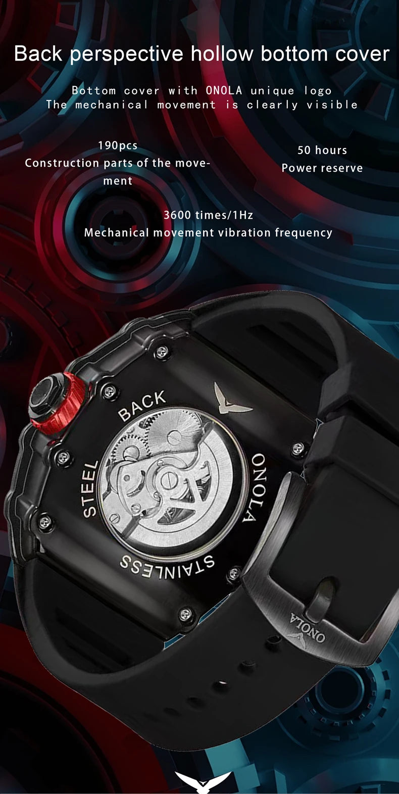 ONOLA 3854 Luxury Automatic Mechanical Silicone Watch Tourbillon Hollow Skeleton Men's Watches reloj automático de hombre