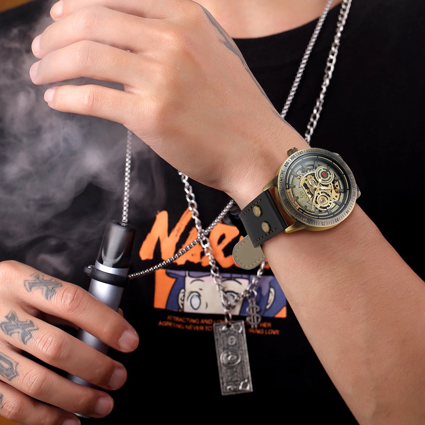 Personalized European American style men mechanical watch night light hollow out leisure retro fully automatic mechanical watch