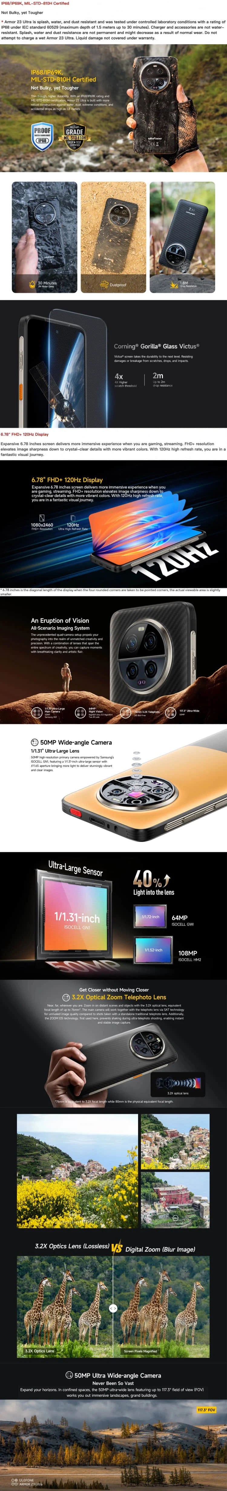 Ulefone Armor 23 Ultra 5G Rugged Phone Satellite Message 120W Smartphone 64MP Night Camera 24GB+512GB NFC Android 13Mobile Phone