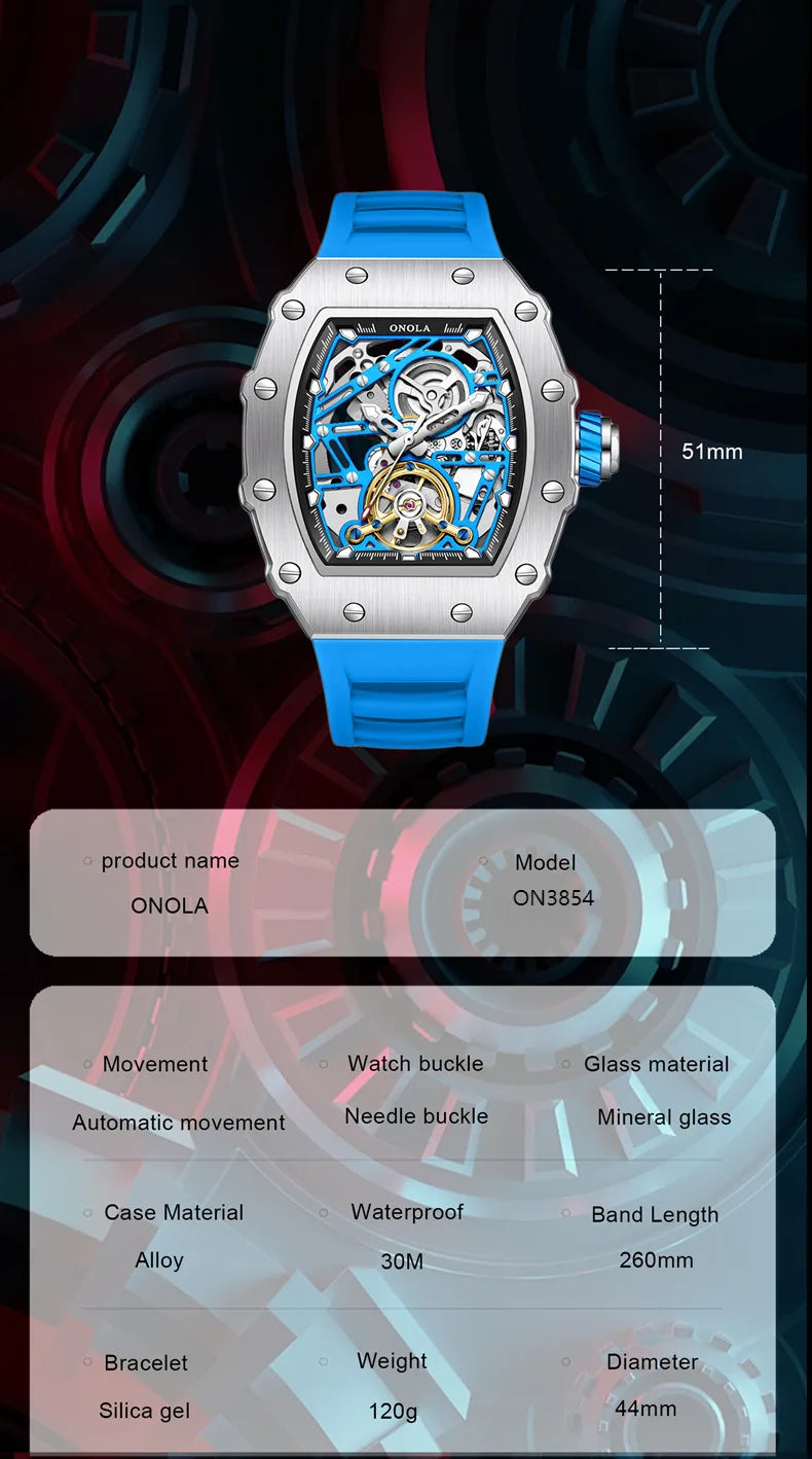 ONOLA 3854 Tonneau Original Automatic Watch for Men Silicone Super Wristwatch Sport Mechanical Clock montres hommes